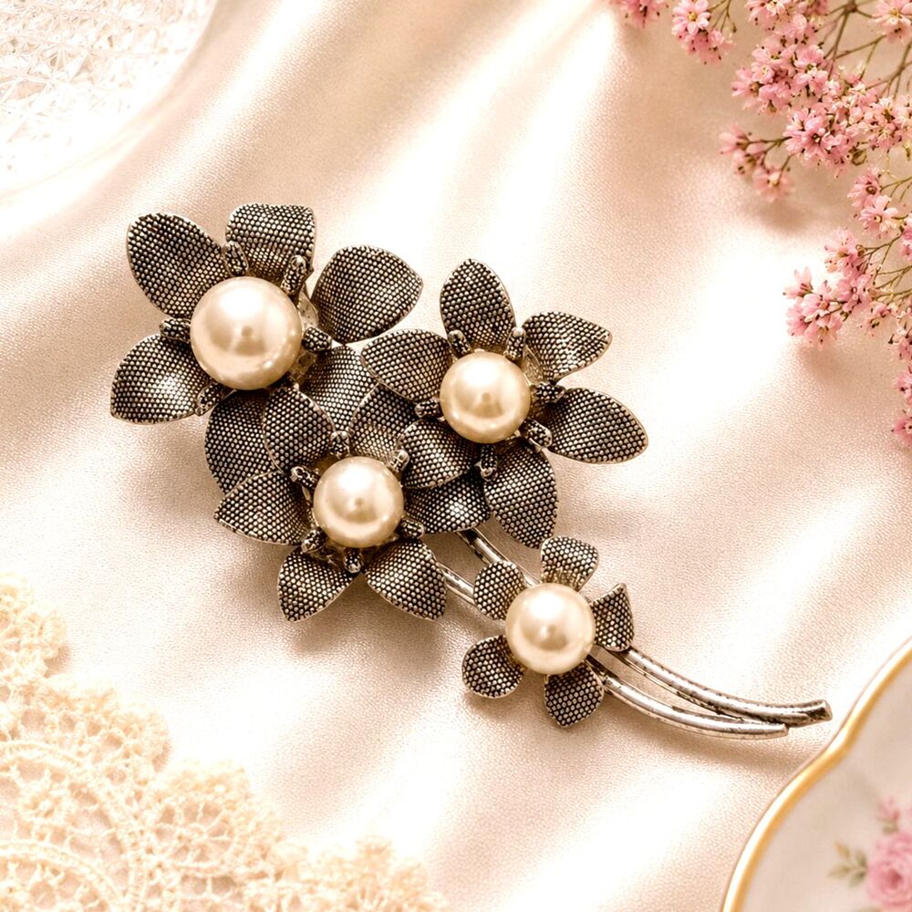 Vintage Silver Tone Faux Pearl Flower Bouquet Brooch